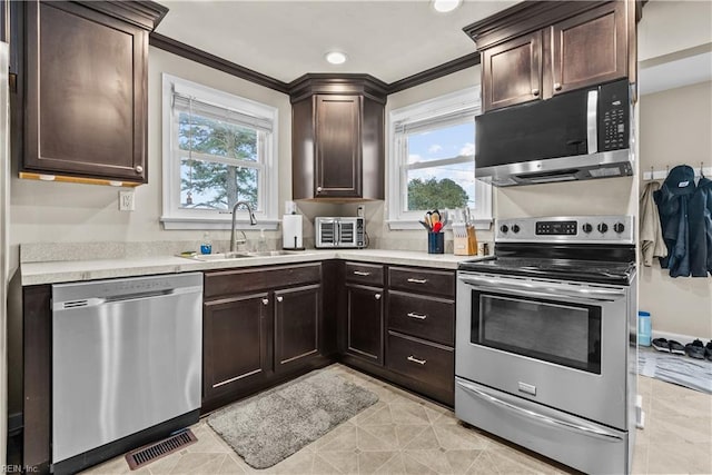 kitchen with crown molding, appliances with stainless steel finishes, sink, and dark brown cabinets