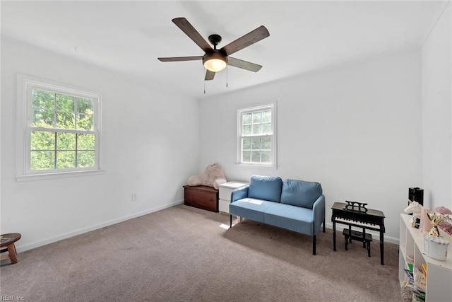 living area featuring ceiling fan and carpet