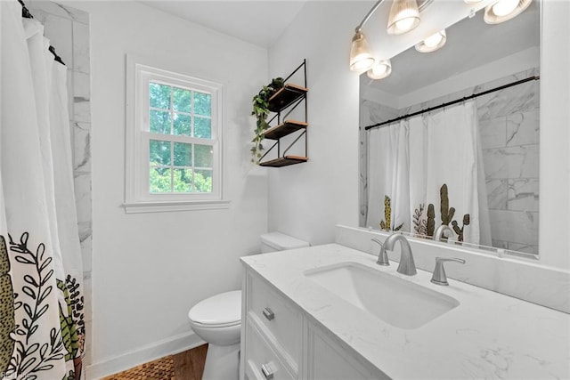 bathroom with curtained shower, wood-type flooring, toilet, and vanity