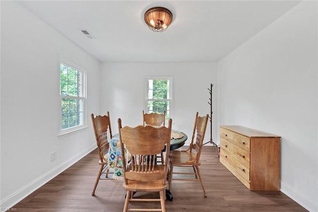 dining space featuring dark wood-type flooring and a wealth of natural light