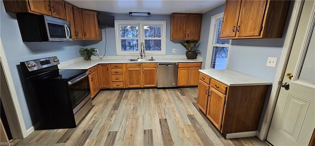 kitchen featuring stainless steel appliances, sink, and light hardwood / wood-style flooring