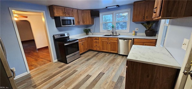 kitchen with stainless steel appliances, sink, and light wood-type flooring