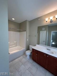 full bathroom with shower / tub combination, vanity, and toilet