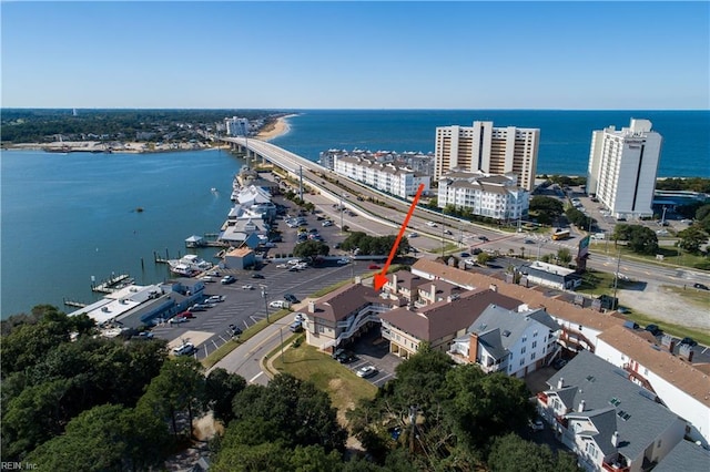 aerial view featuring a water view