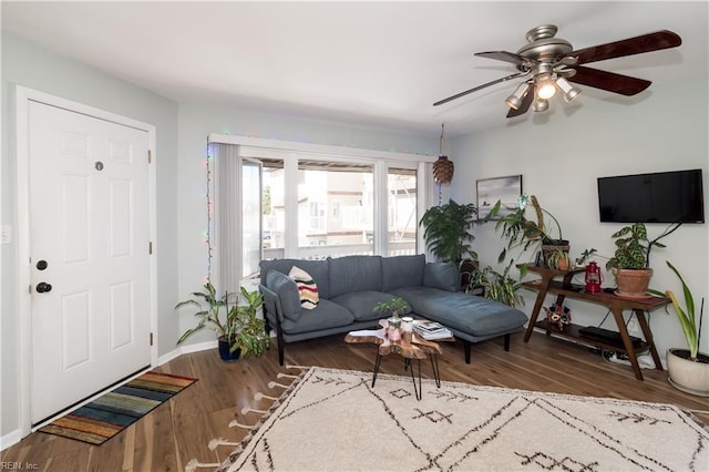 living room featuring hardwood / wood-style flooring and ceiling fan