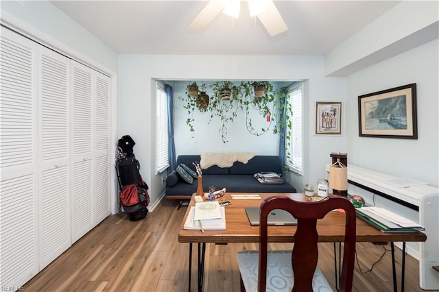 living area featuring ceiling fan, a healthy amount of sunlight, and hardwood / wood-style floors