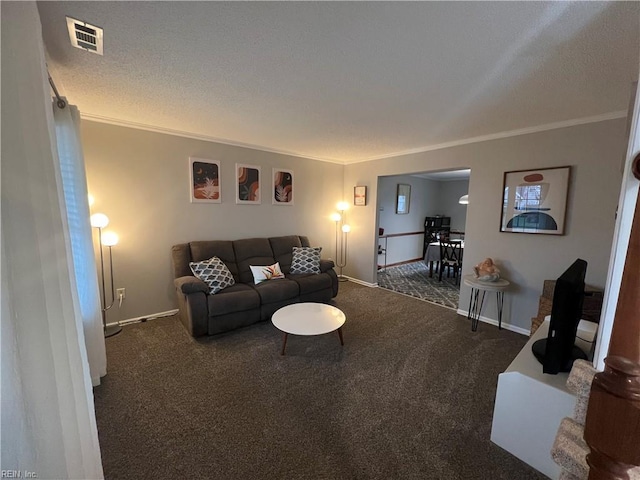 carpeted living room with crown molding