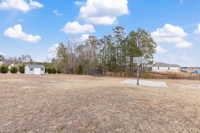 view of yard with a trampoline and a storage unit