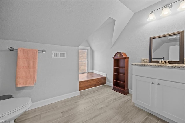 bathroom with vaulted ceiling, vanity, and toilet