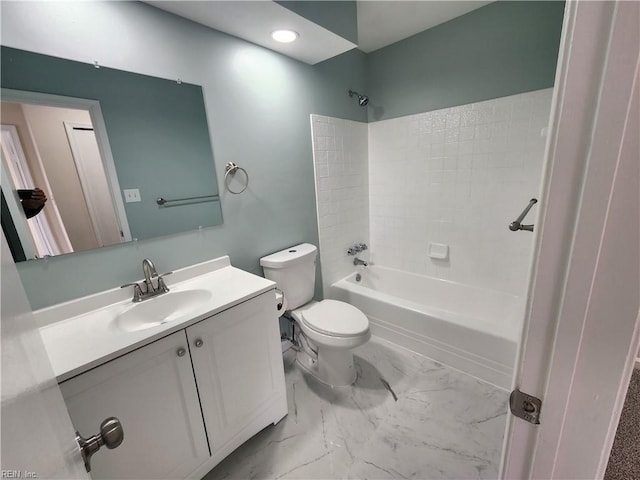 full bathroom with vanity, bathing tub / shower combination, and toilet