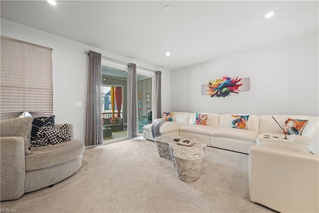 living room with light colored carpet