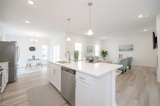 kitchen featuring white cabinetry, appliances with stainless steel finishes, sink, and hanging light fixtures