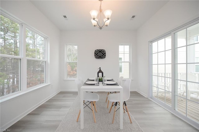 dining room featuring a healthy amount of sunlight, a chandelier, and light wood-type flooring