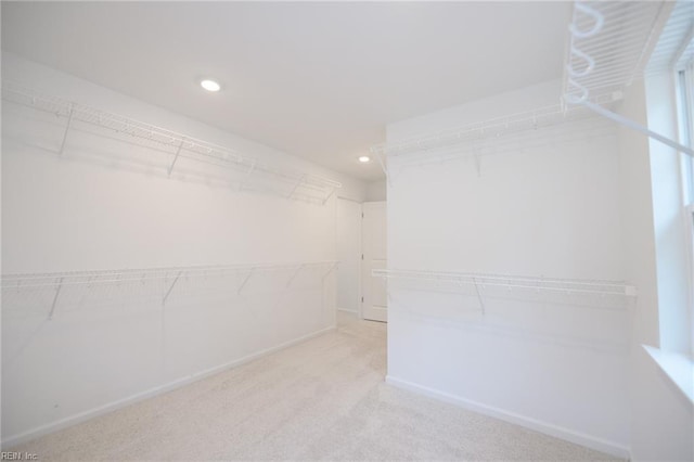 spacious closet featuring light carpet