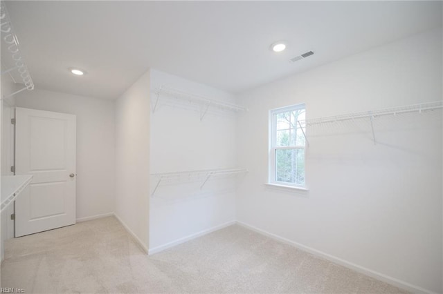 spacious closet featuring light colored carpet