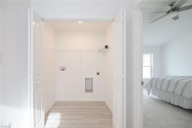 laundry room with hookup for a washing machine, electric dryer hookup, ceiling fan, and light hardwood / wood-style floors