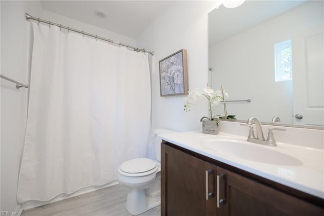 bathroom with vanity, wood-type flooring, and toilet