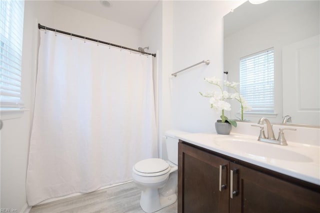 bathroom with hardwood / wood-style flooring, vanity, and toilet