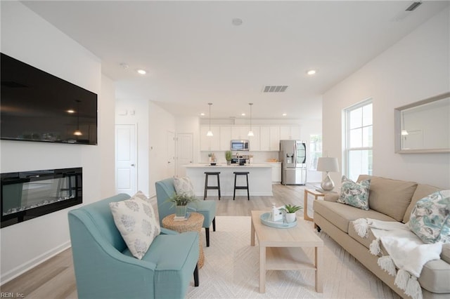 living room with light hardwood / wood-style flooring