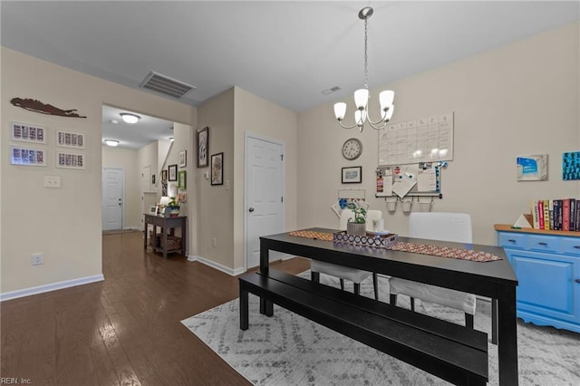 dining area with an inviting chandelier and dark wood-type flooring