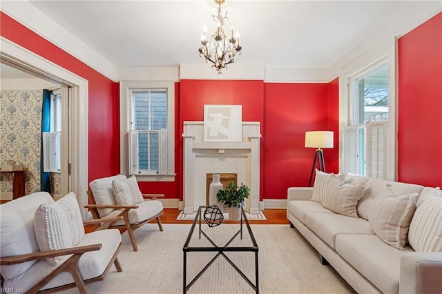 living room featuring hardwood / wood-style flooring and a chandelier