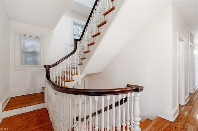 stairs with hardwood / wood-style flooring