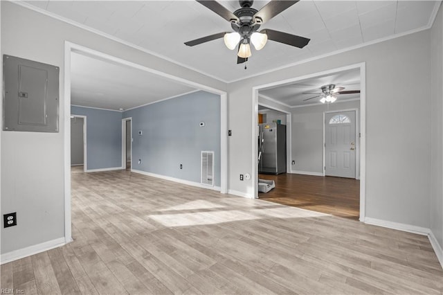 unfurnished living room with ceiling fan, ornamental molding, electric panel, and light hardwood / wood-style floors