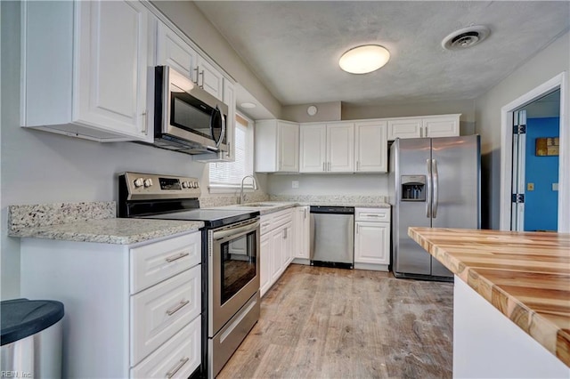 kitchen featuring white cabinetry, appliances with stainless steel finishes, sink, and butcher block counters