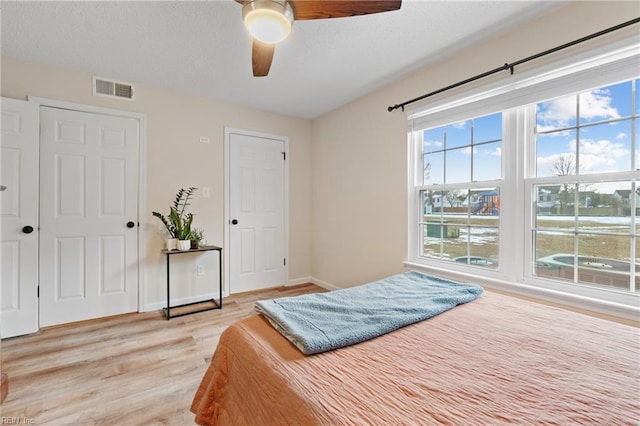 bedroom featuring ceiling fan and light hardwood / wood-style floors