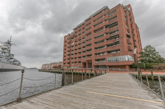 dock area featuring a water view