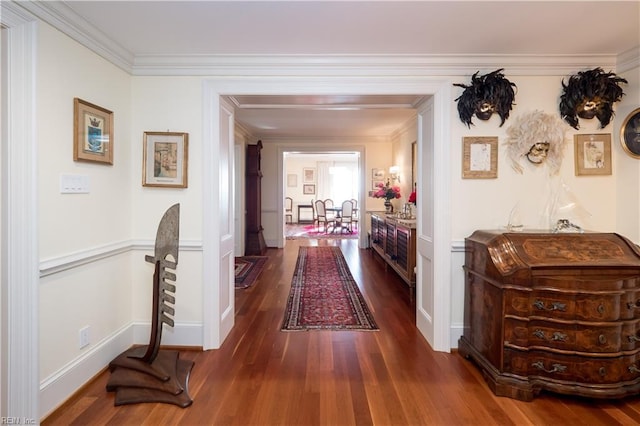 corridor with crown molding and dark hardwood / wood-style floors