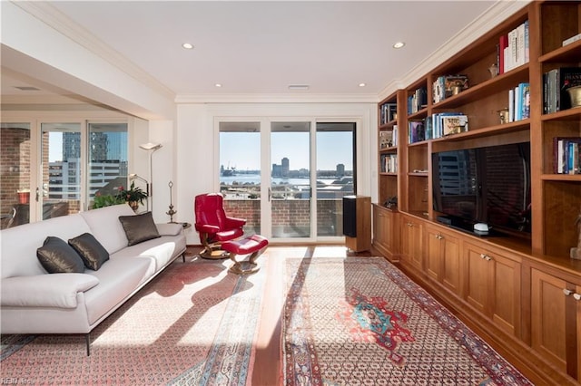 living room with ornamental molding