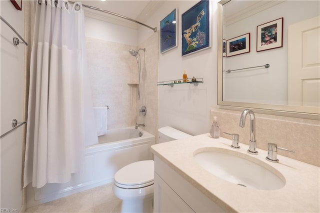 full bathroom featuring shower / tub combo with curtain, tile patterned flooring, vanity, toilet, and crown molding