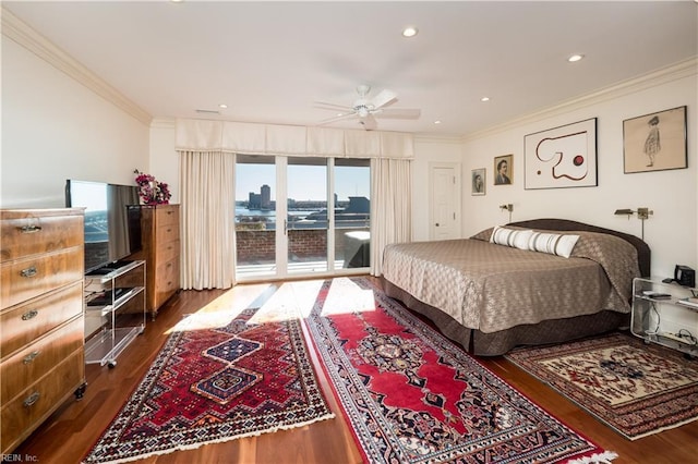 bedroom with dark hardwood / wood-style flooring, crown molding, access to outside, and ceiling fan