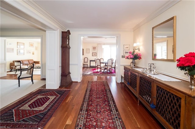 hallway with dark wood-type flooring and ornamental molding