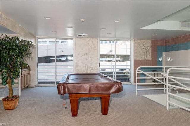 game room featuring expansive windows, billiards, and carpet floors