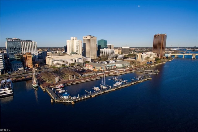 birds eye view of property featuring a water view