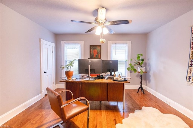 office space with ceiling fan and light hardwood / wood-style floors