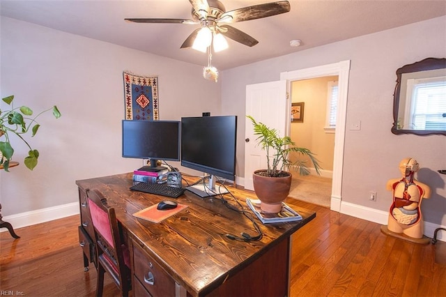 office space with hardwood / wood-style flooring and ceiling fan