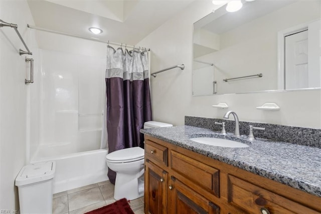 full bathroom with tile patterned flooring, vanity, toilet, and shower / bath combo with shower curtain