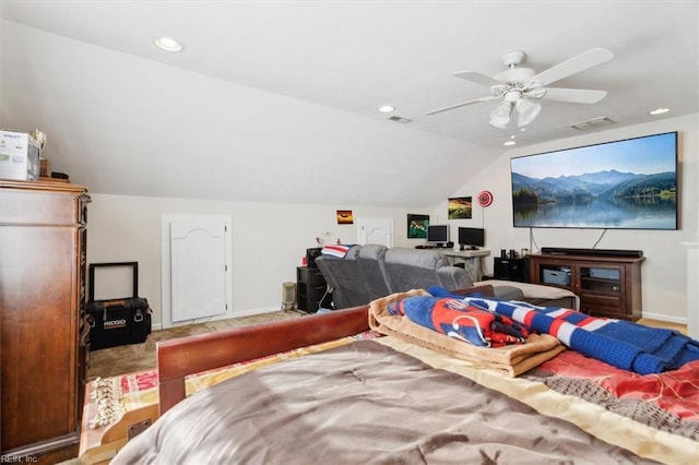 carpeted bedroom featuring lofted ceiling and ceiling fan