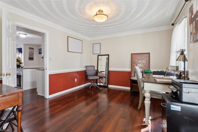 home office featuring crown molding and dark wood-type flooring