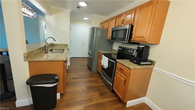 kitchen featuring dark hardwood / wood-style flooring, appliances with stainless steel finishes, sink, and light stone counters