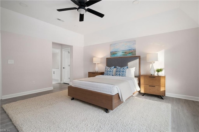 bedroom with hardwood / wood-style floors and ceiling fan