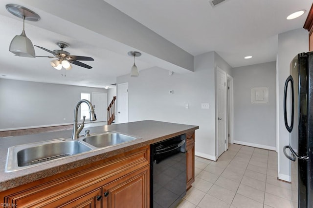 kitchen with light tile patterned flooring, decorative light fixtures, sink, ceiling fan, and black appliances