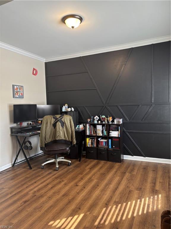 office area featuring ornamental molding and hardwood / wood-style floors