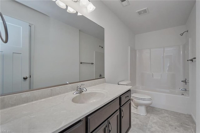 full bathroom with vanity, bathing tub / shower combination, and toilet