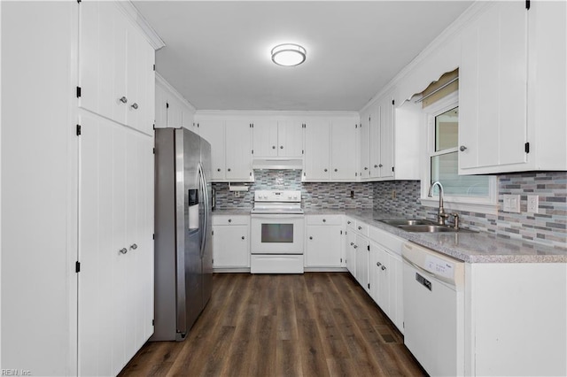 kitchen featuring white cabinetry, sink, and white appliances