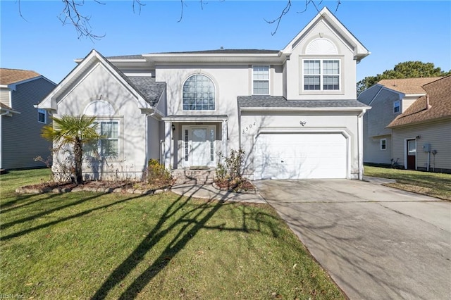 front facade with a garage and a front lawn