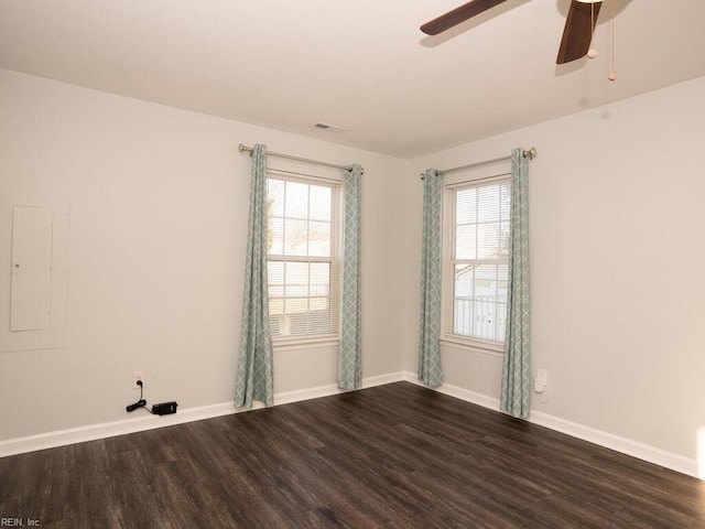 unfurnished room with dark wood-type flooring and electric panel